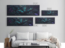 Load image into Gallery viewer, Blue Butterflies, Framed Canvas Print, Bioluminescent Glowing Butterfly Art, Framed Wall Art
