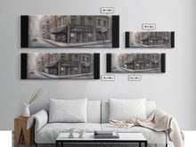 Load image into Gallery viewer, Dystopian City Canvas Print, Buildings, Man On Street, Urban Art, Large Urban Art Print, Wall Decor, Panoramic, Wall Art, Canvas Print
