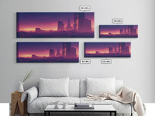 Load image into Gallery viewer, Cyberpunk Cityscape, Ready To Hang Canvas Print, Panoramic, Cyberpunk Concept Art, Cityscape at Sunset, Cool mancave art, Purplewave
