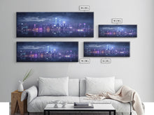 Load image into Gallery viewer, Cyberpunk Hong Kong City Skyline, Framed Canvas Print, Cyberpunk Style Wall Art, Synthwave Decor, Videogame Concept Art
