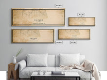 Load image into Gallery viewer, Distressed Panoramic Chicago map print poster or framed canvas, Illinois road map print poster canvas, Chicago city map print poster canvas
