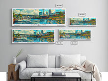 Cargar imagen en el visor de la galería, Cleveland Ohio Panoramic Wall Art Framed Canvas Print, Mid Century Modern Art, Pop Art Style, Travel Poster, Home Decor, Retro Style
