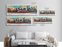 Load image into Gallery viewer, Dallas Texas Panoramic Wall Art Framed Canvas Print, Mid Century Modern Art, Pop Art Style, Travel Poster, Home Decor, Wall Hanging
