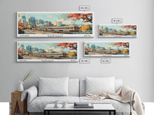 Load image into Gallery viewer, Durham North Carolina Panoramic Painting, Mid Century Modern Framed Canvas Print, Retro Pop Art Travel Poster, Wall Decor, Home Decor, Wall Hanging
