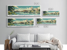 Cargar imagen en el visor de la galería, Cedar Rapids Iowa Panoramic Painting, Mid Century Modern Framed Canvas Print, Retro Pop Art Travel Poster, Living Room Wall Art Decor, City Print
