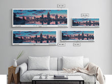 Cargar imagen en el visor de la galería, Cleveland Ohio Panoramic Painting, Mid Century Modern Framed Canvas Print, Retro Pop Art Travel Poster, City Wall Art, Office Decor
