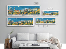Load image into Gallery viewer, Columbia Missouri Panoramic Wall Art, Mid Century Modern Framed Canvas Print, Retro Pop Art Travel Poster, City Home Decor, Office Wall Art
