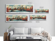 Cargar imagen en el visor de la galería, Columbus Ohio Panoramic Wall Art, Mid Century Modern Framed Canvas Print, Retro Pop Art Travel Poster, City Living Room Decor, Office Wall Art
