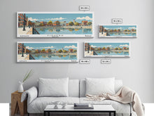 Cargar imagen en el visor de la galería, Fishers Indiana Panoramic Painting, Mid Century Modern Framed Canvas Print, Retro Pop Art Travel Poster, Home Wall Decor
