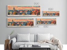 Cargar imagen en el visor de la galería, Belgrade Serbia Panoramic Travel Poster, Framed Canvas Print or Metal Wall Art, Travel Art, Home Decor, Panoramic Painting, Midcentury Art
