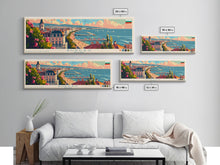 Carregar imagem no visualizador da galeria, Burgas Bulgaria Panoramic Travel Poster, Framed Canvas Print or Metal Wall Art, Travel Art, Home Decor, Panoramic Painting, Midcentury Art
