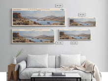 Cargar imagen en el visor de la galería, Choke Canyon Reservoir Framed Canvas Print, Panoramic Lake House Decor, Wide Wall Art, Travel Poster, Modern Lake Painting, Nature Art
