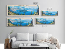 Load image into Gallery viewer, Crater Lake Framed Canvas Print, Lake House Decor, Panoramic Wide Art, Travel Poster, Rustic Lake Painting, Home Decor
