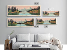 Load image into Gallery viewer, Bowman Lake Montana Framed Canvas Print, Panoramic Wall Art, Midcentury Modern, Pop Art, Travel Poster, Scenic Living Room Art, Lake House Decor
