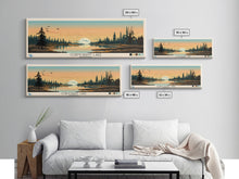 Cargar imagen en el visor de la galería, Cormorant Lake Manitoba Framed Canvas Print, Pop Art Panoramic Travel Poster, Midcentury Modern, Wall Art, Scenic Nature Painting, Bedroom Decor, Living Room Art
