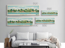 Load image into Gallery viewer, Crooked Lake Indiana Framed Canvas Print, Midcentury Modern Panoramic Wall Art, Living Room Decor, Pop Art, Travel Poster Art, Scenic Nature Painting, Lake House Decor
