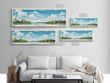 Load image into Gallery viewer, Crooked Lake Michigan Framed Canvas Print, Pop Art Panoramic Travel Poster, Midcentury Modern, Wall Art, Scenic Nature Painting, Bedroom Decor, Living Room Art
