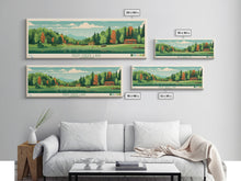 Load image into Gallery viewer, Deep Creek Lake Maryland Framed Canvas Print, Midcentury Modern Panoramic Wall Art, Bedroom Decor, Pop Art, Travel Poster Art, Scenic Nature Painting
