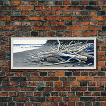 Carregar imagem no visualizador da galeria, Driftwood, Panoramic Framed Canvas Print, Pacific Northwest / Washington State Driftwood Washed Up On The Shore, Extra Wide Format Art
