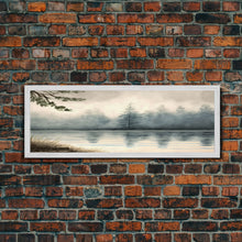 Load image into Gallery viewer, Panoramic Framed Canvas Print of Misty Fog Covered Lake and Pine Tree Forest, Perfect for Living Room, Bedroom, Fog Covered Lake
