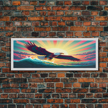 Carregar imagem no visualizador da galeria, American Bald Eagle, Panoramic Wall Art, Framed Canvas, Retro Style Eagle Painting, Synthwave Ocean Sunset Art
