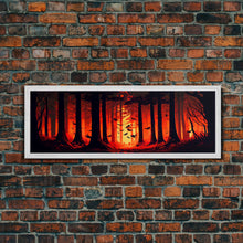 Load image into Gallery viewer, Forest Landscape Art, Forest Fire, Fall / Autumn Decor, Panoramic Wall Art, Framed Canvas Print, Orange and Yellow Fantasy Forest
