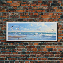 Load image into Gallery viewer, Blue Beach, Ocean Waves &amp; Seagulls Panoramic Framed Canvas Print - Perfect for Living Room, Bedroom, Office Decor

