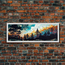 Cargar imagen en el visor de la galería, Extra large 24 x 72 wall art, framed canvas print, abstract pine tree forest painting, painting of a forest fire against a starry night sky
