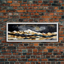 Carregar imagem no visualizador da galeria, Black &amp; Gold Mountain Landscape Painting, Framed Canvas Print, Panoramic Art, Extra Wide Art, Center Piece Decor, Above Fireplace or Sofa
