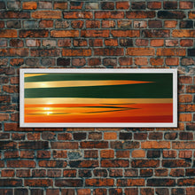 Carregar imagem no visualizador da galeria, Art Deco Wall Art, Framed Canvas Print, Emerald Green and Gold Palm Tree Leaves and Sunset, Panoramic Ultrawide Art, Large Format Wall Decor
