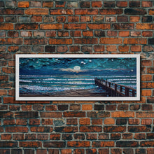 Load image into Gallery viewer, Panoramic Van Gogh Inspired Beach, Framed Canvas Print, Cool Painting, Full Moon Over Rolling Waves, Soothing Abstract Beach Decor
