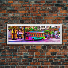 Load image into Gallery viewer, Colorful Vibrant Tram Wall Art, Palm Trees Art Print, Colored Pencil Sketch, Framed Canvas, Abstract Art, Panoramic, Wall Art, Canvas Print
