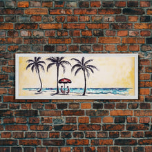 Load image into Gallery viewer, Couple In Beach Scene Art, Minimalist Beach Canvas Art Print, Palm Trees, Canvas Wall Art Beach, Panoramic, Wall Art, Canvas Print
