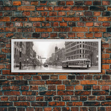 Load image into Gallery viewer, Detailed Street Sketch Canvas Print, City Wall Art, Bus, Cars, Buildings, Monochromatic Urban Art Print, Panoramic, Wall Art, Canvas Print
