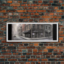 Load image into Gallery viewer, Dystopian City Canvas Print, Buildings, Man On Street, Urban Art, Large Urban Art Print, Wall Decor, Panoramic, Wall Art, Canvas Print
