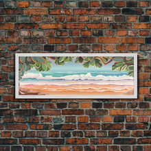 Carregar imagem no visualizador da galeria, Beach Shore Art Canvas Print, Green Leaves, Canvas Beach Wall Art, Ocean Waves, Beach Sand Wall Art, Panoramic, Wall Art, Canvas Print

