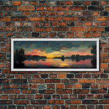 Cargar imagen en el visor de la galería, Cool Sunset Over The Lake, Ready To Hang Canvas Print, Panoramic Art, Lakehouse Wall Decor, Lake House Art, Beach House Art
