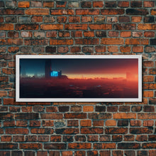 Load image into Gallery viewer, Cyberpunk Cityscape, Ready To Hang Canvas Print, Panoramic, Cyberpunk Concept Art, Cityscape at Sunset, Cool mancave art, gift for him
