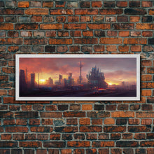Load image into Gallery viewer, Cyberpunk City, Night City Watercolor, Ready To Hang Canvas Print, Panoramic, Videogame Concept Art, Watercolor Painting Of a Cyberpunk City
