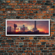 Load image into Gallery viewer, Cyberpunk Cityscape, Metropolis Art, Ready To Hang Canvas Print, Panoramic, Night City Watercolor Concept Art
