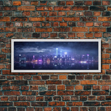 Load image into Gallery viewer, Cyberpunk Hong Kong City Skyline, Framed Canvas Print, Cyberpunk Style Wall Art, Synthwave Decor, Videogame Concept Art
