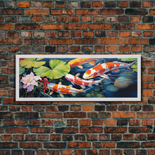 Load image into Gallery viewer, The Koi Pond Framed Canvas Print, Koi Fish Decor, Koi Fish Garden Wall Art, Koi Fish and Lilly Pads
