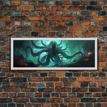 Load image into Gallery viewer, Rise Of Cthulhu Framed Canvas Print, Panoramic Call of Cthulhu H.P. Lovecraft Cosmic Horror Steampunk Gothic Darrk Art Wall Decor
