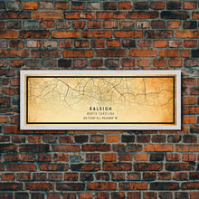 Load image into Gallery viewer, Panoramic Raleigh North Carolina map print poster or framed canvas, Raleigh map print poster canvas, city map Canvas print, Travel Art
