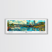 Cargar imagen en el visor de la galería, Cleveland Ohio Panoramic Wall Art Framed Canvas Print, Mid Century Modern Art, Pop Art Style, Travel Poster, Home Decor, Retro Style
