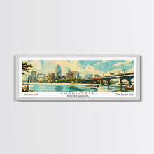 Cargar imagen en el visor de la galería, Charlotte North Carolina Panoramic Painting, Mid Century Modern Framed Canvas Print, Retro Pop Art Travel Poster, Wall Art, Home Decor, Office Art
