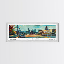 Load image into Gallery viewer, Cleveland Ohio Panoramic Wall Art, Mid Century Modern Framed Canvas Print, Retro Pop Art Travel Poster, Office Wall Art, Living Room Decor
