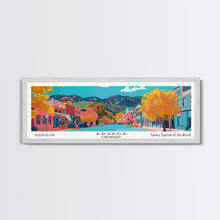 Carregar imagem no visualizador da galeria, Arvada Colorado Panoramic Painting, Mid Century Modern Framed Canvas Print, Retro Pop Art Travel Poster, Living Room Wall Art, City Print
