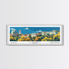 Load image into Gallery viewer, Columbia Missouri Panoramic Wall Art, Mid Century Modern Framed Canvas Print, Retro Pop Art Travel Poster, City Home Decor, Office Wall Art
