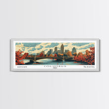 Cargar imagen en el visor de la galería, Columbus Ohio Panoramic Wall Art, Mid Century Modern Framed Canvas Print, Retro Pop Art Travel Poster, City Living Room Decor, Office Wall Art
